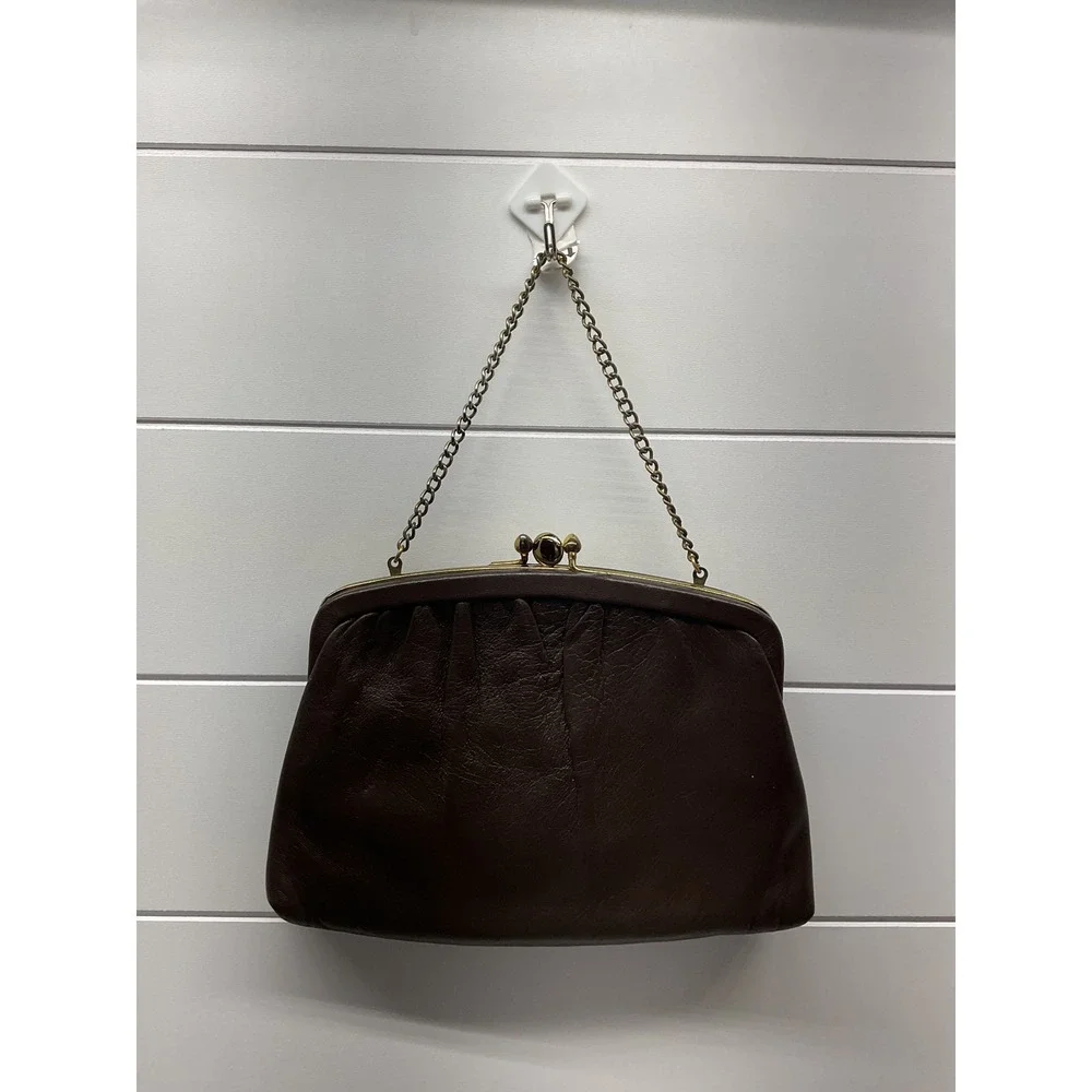 Ande Vintage Brown Leather Frame Clutch Gold Chain Kiss Lock Evening Bag